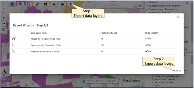 steps for using the export GIS data tool