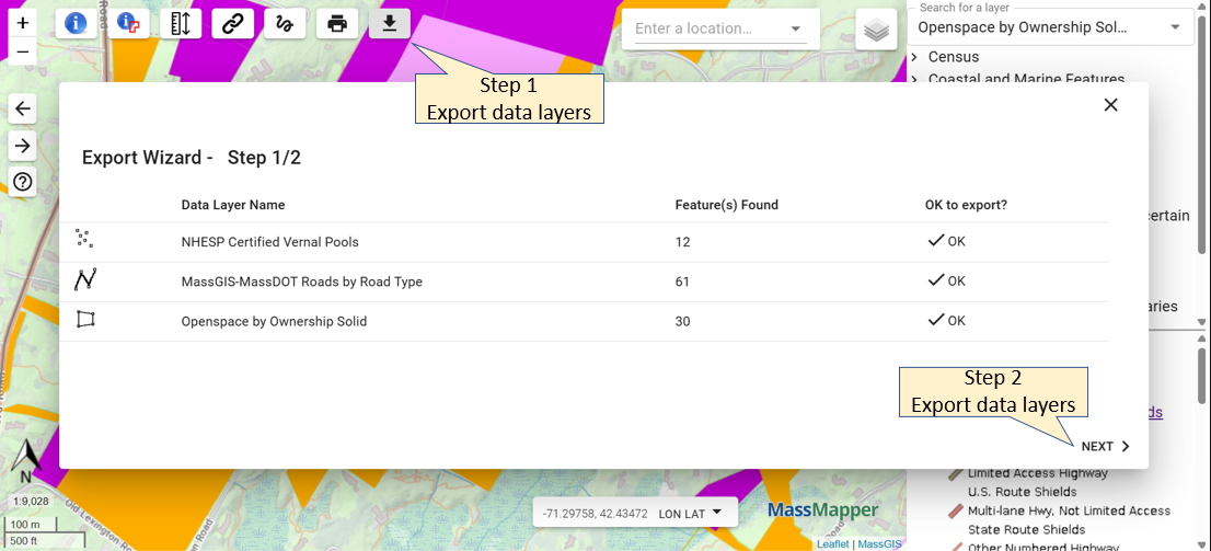 steps for using the export GIS data tool