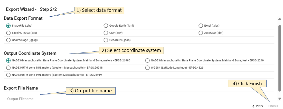 steps for using the export GIS data tool